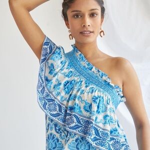 𝅺nwt Anthropologie plenty by Tracy Reese Ruffled One Shoulder Blouse top Small